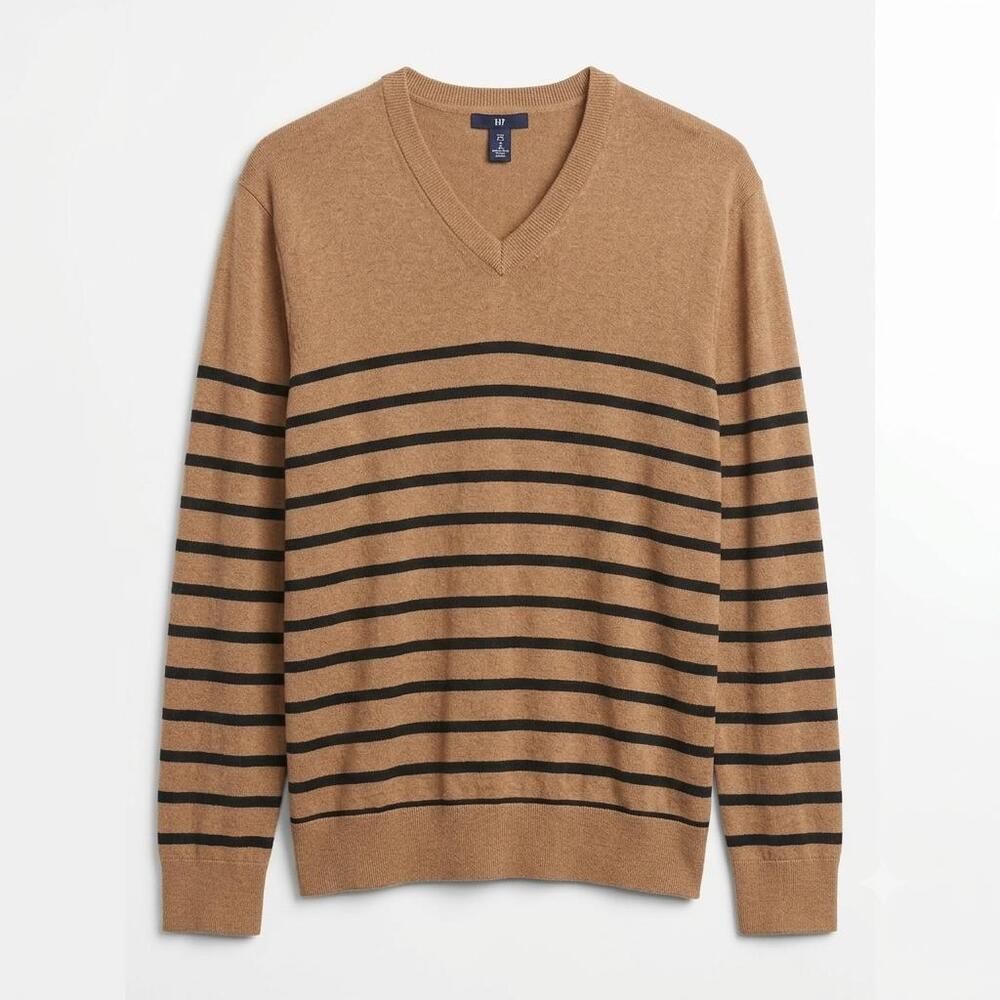 Gap Camel Brown & Black Striped V-Neck Sweater